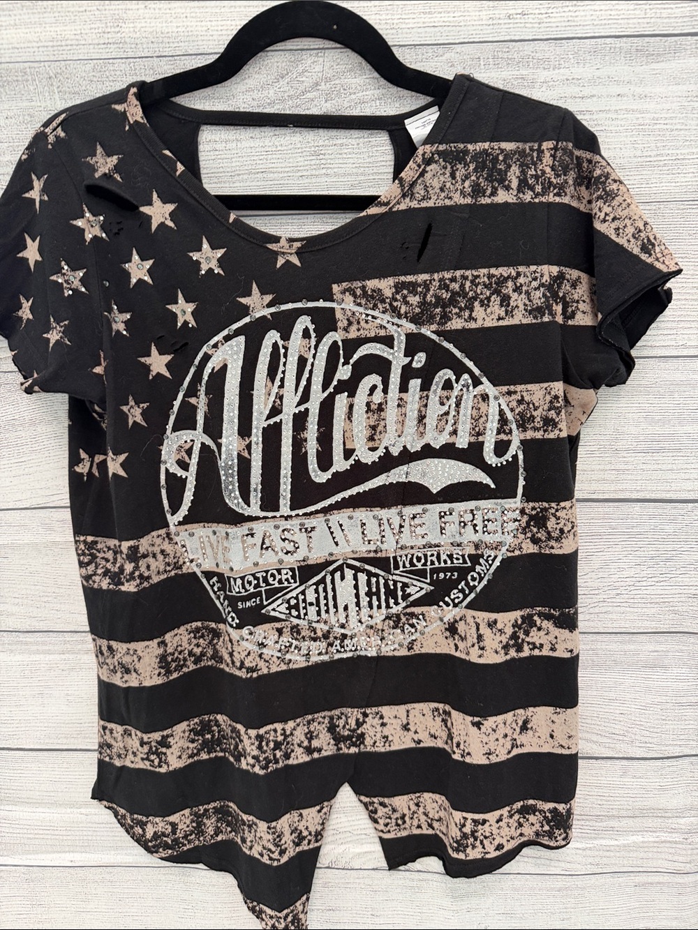 Affliction Black & Beige Distressed Flag Graphic Tee